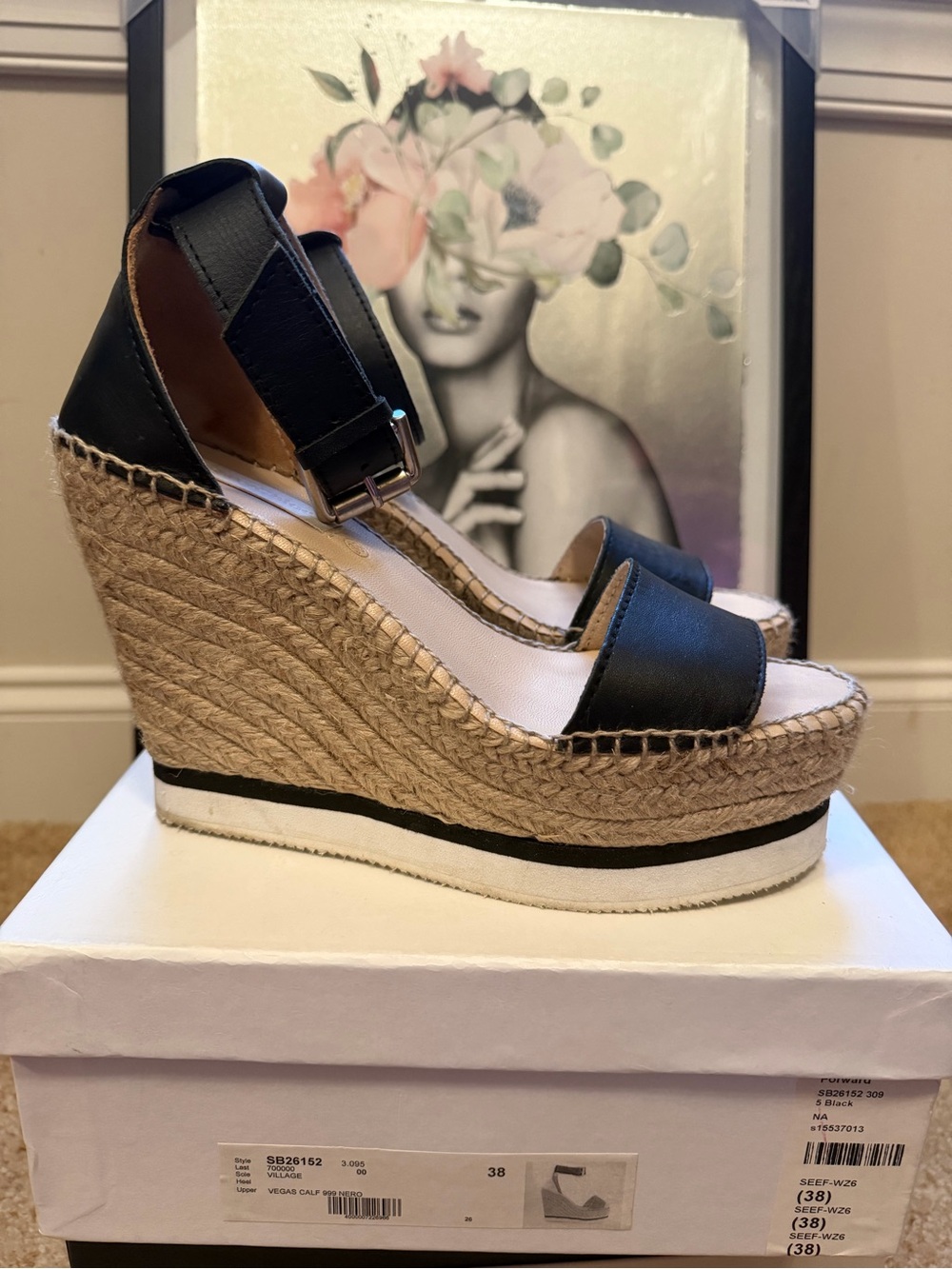 See By Chloe Glyn Espadrille Wedge Black White size 38
